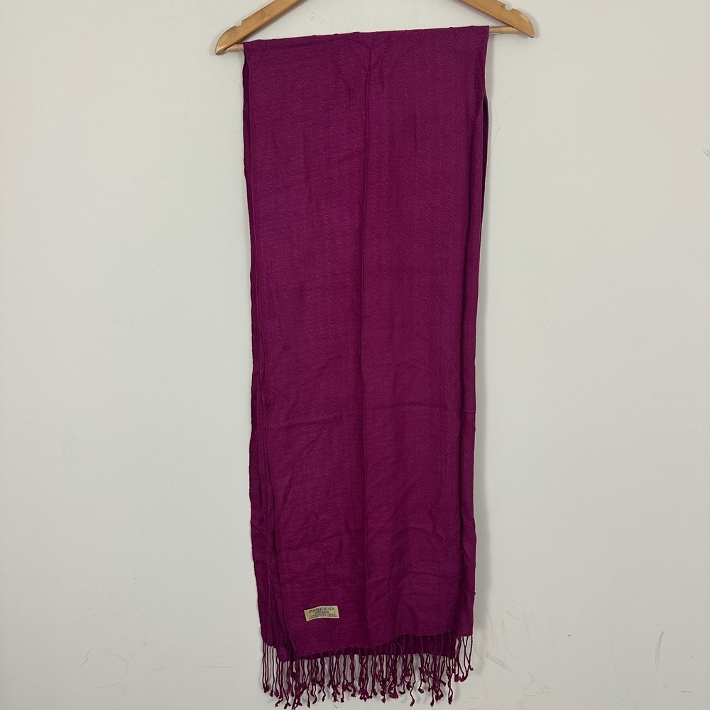 Pashmina Wrap Scarf Deep Magenta Diamond Weave Cashmere Fringed Hem Womens